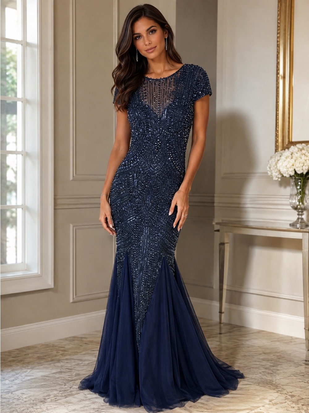 Sherri Hill 51426 Size 4 NWT Navy Beaded Mermaid Evening Gown Formal Prom Dress